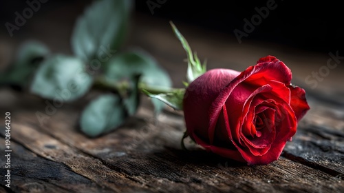 A Single Red Rose Rests on a Rustic Wooden Surface.