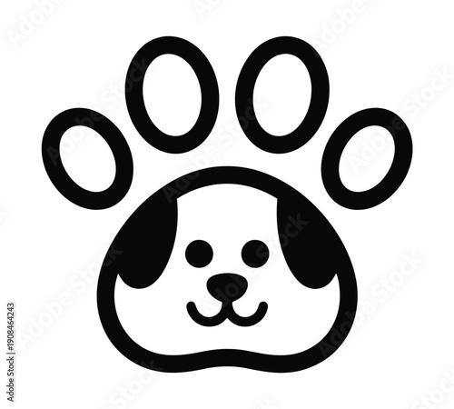 Cute black and white cartoon illustration of a dog's face nestled within a stylized paw print, representing pets and animal care.