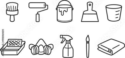 Collection of simple line art icons representing painting and home renovation tools