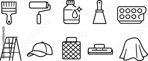 Collection of line art icons representing various painting and home improvement tools