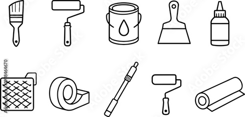 Collection of simple line art icons representing painting and home renovation tools
