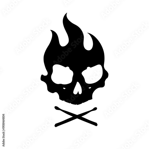 Flaming Skull silhouette with crossed matchsticks vector, Fire Skull Icon 