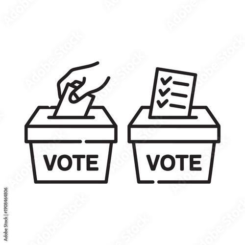 Voting process illustration with ballot boxes and a hand inserting a vote