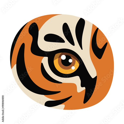 Stylized close-up of a tiger's eye and striped face in a circular graphic design, showcasing vibrant colors and fierce gaze.