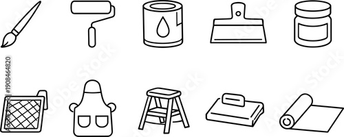 Collection of line art icons representing home renovation and painting tools