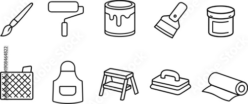 Collection of simple line art icons representing home renovation and painting tools