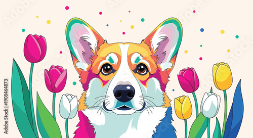 Corgi dog portrait surrounded by colorful tulip flowers illustration