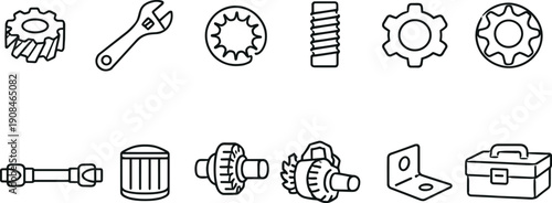 Collection of mechanical and automotive parts icons in a simple line art style