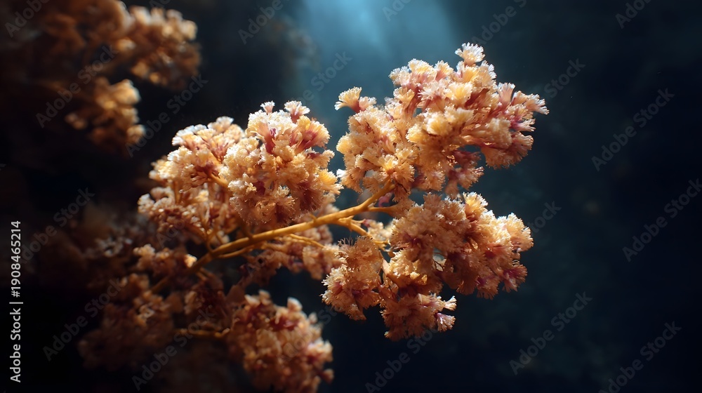 Fototapeta premium A cluster of delicate soft orange coral branches sway gently underwater illuminated by soft rays of light in the deep ocean