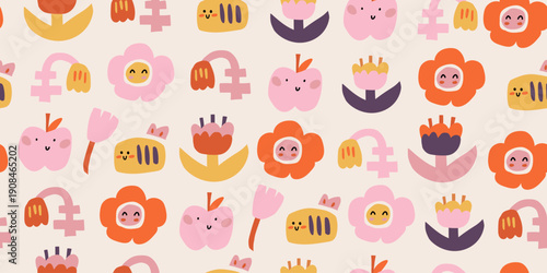 Seamless cute kids doodle pattern with flowers and bees