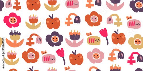 Seamless cute kids doodle pattern with flowers and bees