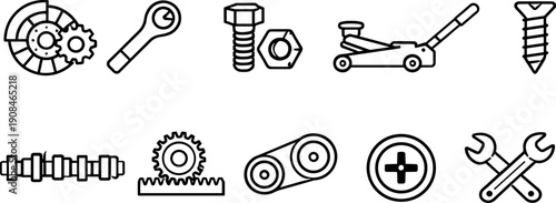 Collection of mechanical and automotive repair icons in a clean line art style