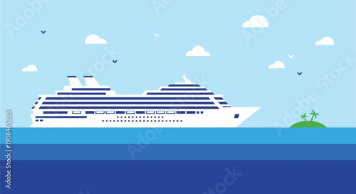 A simplified illustration depicts a large cruise ship sailing on blue water