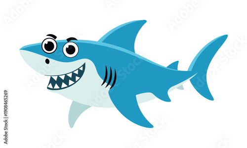A friendly blue cartoon shark with a wide smile and sharp teeth swimming happily in the water.