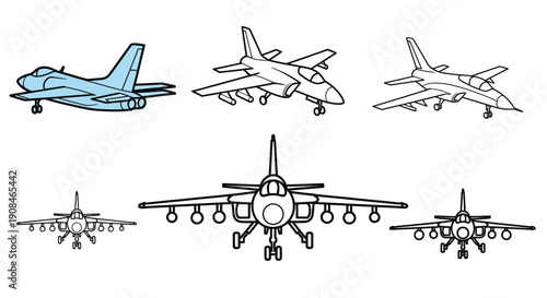 Illustrative depictions of fighter jets in various perspectives and styles