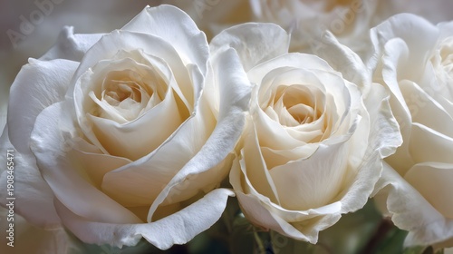 Close-up of delicate white roses with soft petals and dew drops.