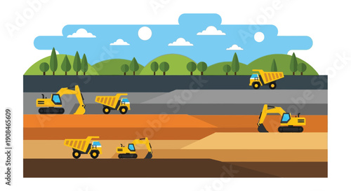 Construction site with excavators and dump trucks working in a quarry landscape