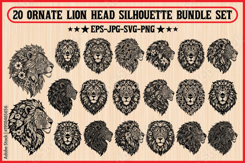 Collection of ornate lion head silhouette designs in various styles and orientations Vector