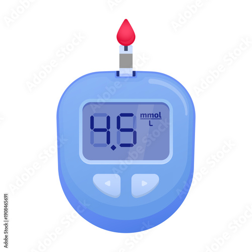 Digital blood glucose meter with blood drop flat vector illustration isolated on white background