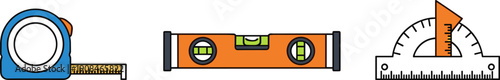 Measuring tools including tape measure, spirit level, and protractor on white background