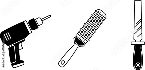 Collection of three common hand tools: drill, rasp, and file