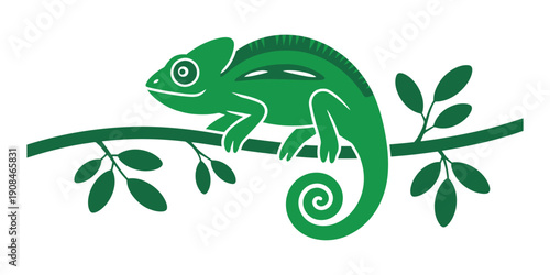 A green chameleon with a coiled tail perched on a leafy tree branch, depicted in a stylized flat design illustration.