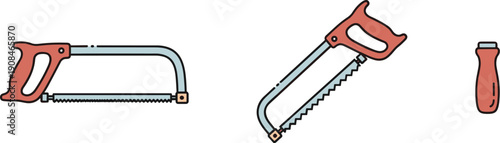 Set of three flat design icons representing a hacksaw and its components for DIY projects