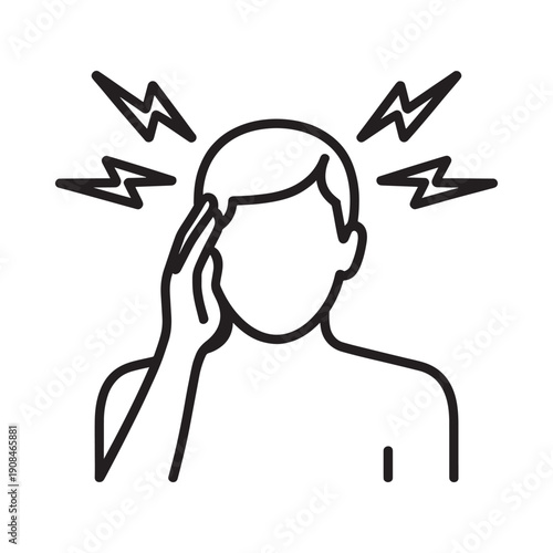 Line drawing depicting a person with a headache and lightning bolts