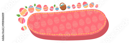 Cute Easter frame banner with pink egg pattern and spring elements isolated on white background, decorative horizontal border with eggs and basket for invitations. Easter horizontal banner