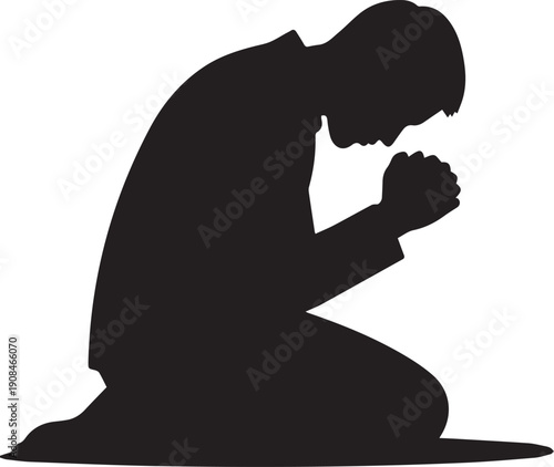 Silhouette of man praying on knees, spiritual devotion and worship illustration, vector