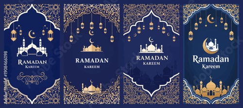 Ramadan greeting card series featuring golden mosque silhouettes and crescent moons on intricate blue backgrounds