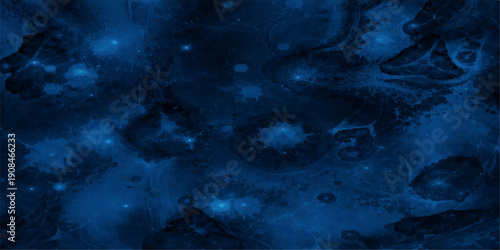 Abstract dark blue background featuring floating bubbles and swirling smoke textures that blend light and shadow into a deep underwater ocean pattern with hints of a star filled galaxy night sky