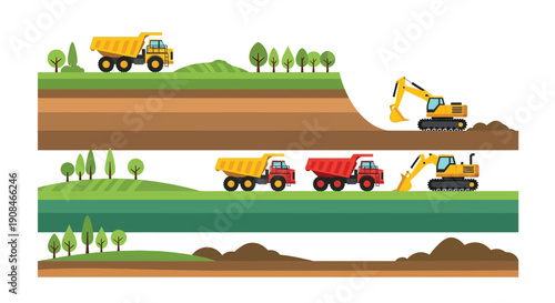 Construction site illustration featuring dump trucks excavators and layered terrain