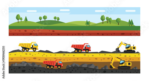 Construction vehicles excavate earth in a layered geological landscape