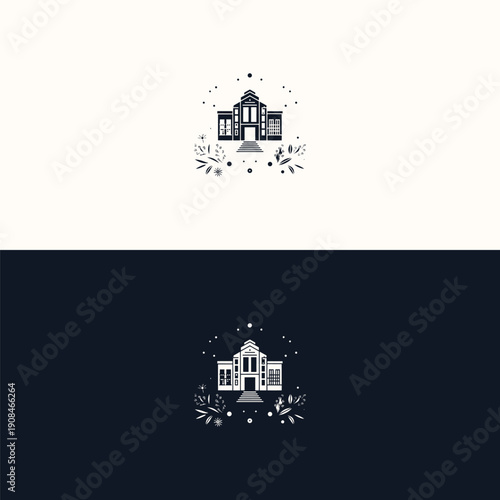 An elegant, classical building with multiple stories and a distinguished entrance is gracefully framed by decorative leaves, stars, and abstract elements in a serene monochromatic design.