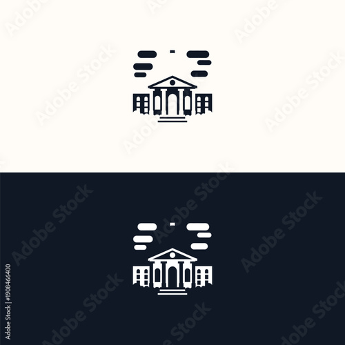 A sleek, two-tone minimalist icon illustrates a classical government building or financial institution with prominent columns and surrounding abstract elements.