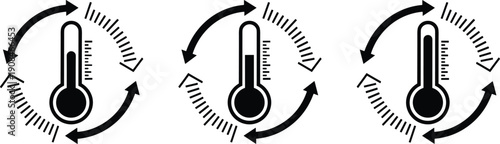Black and white thermometer cycle icons with circular arrows showing temperature regulation, climate control, heating and cooling system process illustration