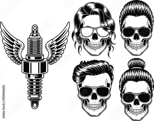 Skull illustration collection, spark plug with wings artwork, rebellious subculture design, edgy motorcycle concept, modern gothic graphics, identity symbol poster