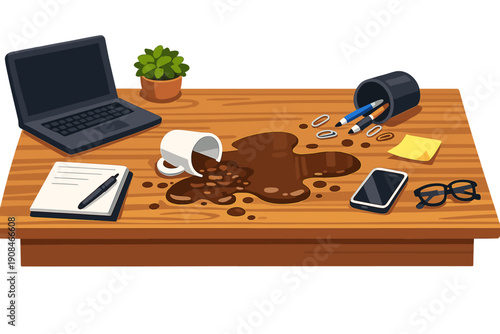 An accidental coffee spill on a wooden office desk unexpectedly disrupted the work environment
