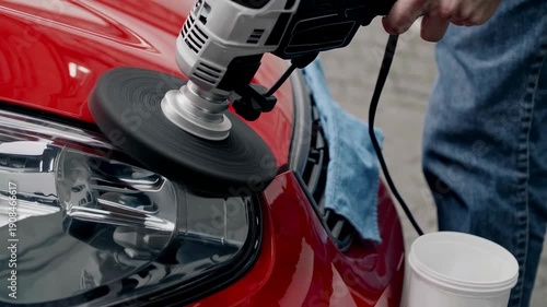 An eye-level shot captures the intense action of polishing a red car's headlight. The machine spins, reflecting the bright environment, ensuring a smooth finish for luxury transport.