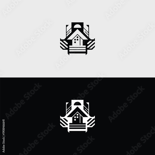 A unique and stylized minimalist icon depicts a house or building with a prominent peaked roof and decorative geometric wings on either side.