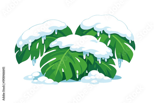 Large green leaves were suddenly blanketed in icy snow