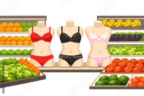 In a grocery store's produce aisle, lingerie mannequins were unexpectedly displayed