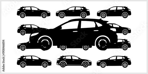SUV Car Silhouettes Collection Multiple Angles Black and White.