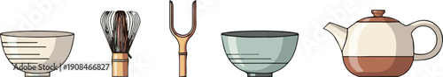 Kitchen utensils and dishes displayed on a white background from a straightforward viewpoint