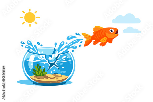 Unexpectedly, a goldfish leaps from a cracked bowl, splashing in a bright setting