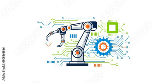 Robotic arm with circuit board and gear symbolizing automation and technology in industrial settings for manufacturing and innovation