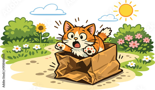 A cat suddenly leaps out of a paper bag, its face showing surprise, onto a sunny garden path