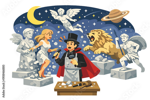 A sculptor who specializes in illusion suddenly animates figures within a cosmic gallery