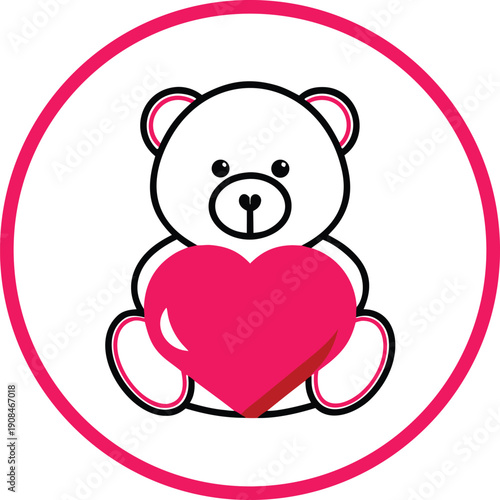 Adorable cartoon teddy bear embracing a loving pink heart inside a circle